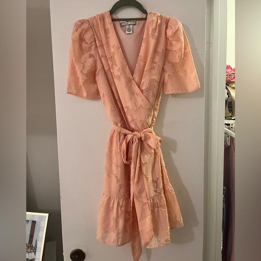 Flying Tomato Peach Floral-Texture Wrap Dress